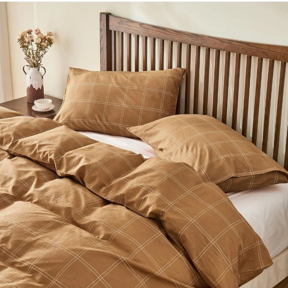 JELLYMONI 100% Natural Cotton Full Duvet Cover Set, 3pcs Plaid Duvet Cover Sets